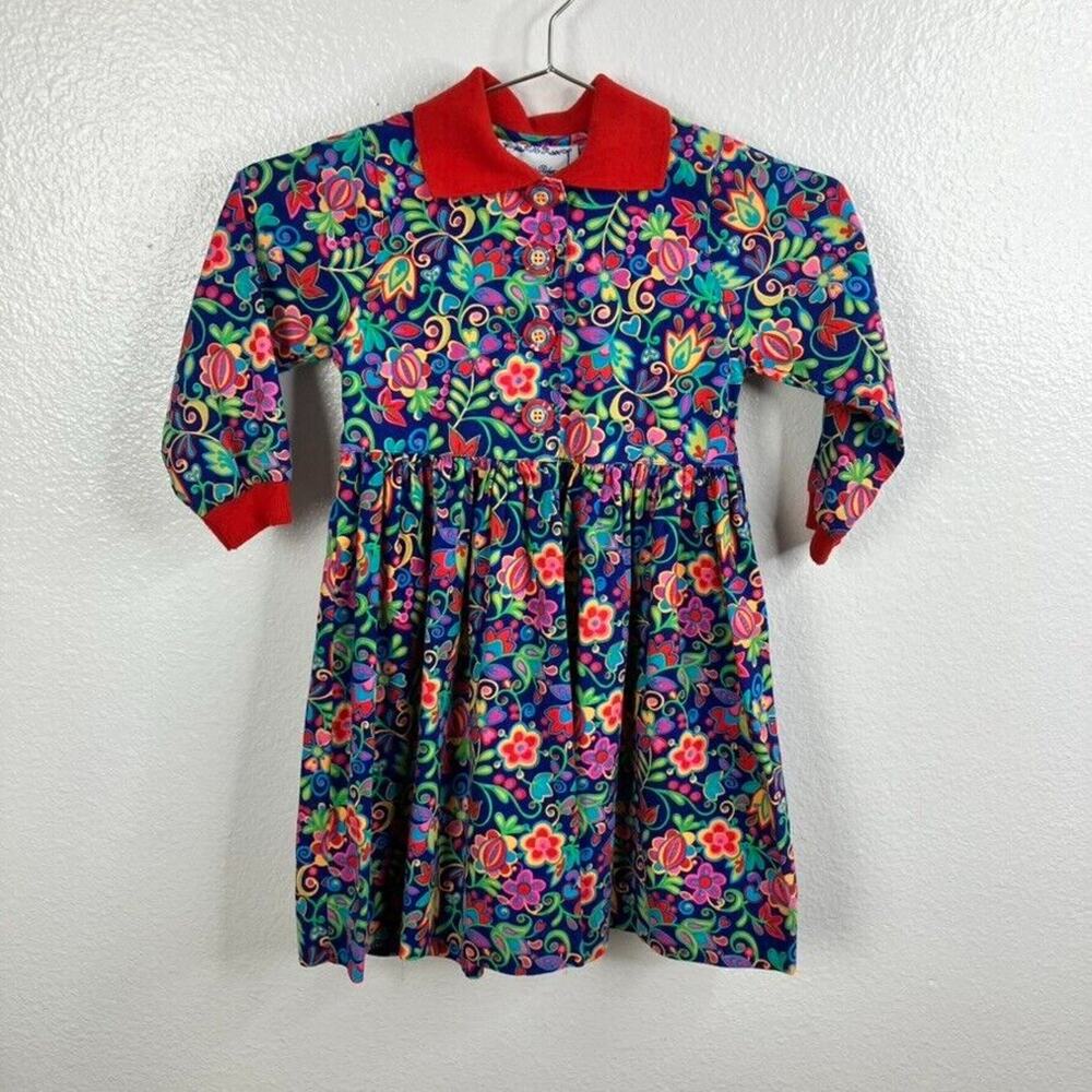 Vintage Catherine Rebecca Dress Girl 6 Vibrant Floral Groove Paisley Long Sleeve